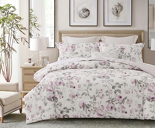 SLEEPBELLA Comforter Queen Size, 600 Thread Count Cotton White Print with Purple Flowers Reversible Comforter Sets, Down Alternative Bedding Set 3Pcs(Queen, Purple Floral)