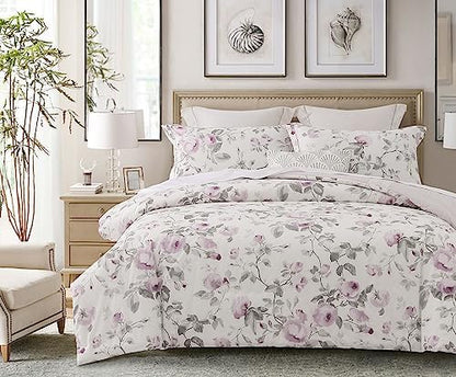 SLEEPBELLA Comforter Queen Size, 600 Thread Count Cotton White Print with Purple Flowers Reversible Comforter Sets, Down Alternative Bedding Set 3Pcs(Queen, Purple Floral)