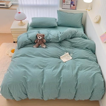LifeTB Green Gingham Comforter Set King 3 Pieces Plaid Checkered Pattern Comforter Green Blue Grid Bed Comforter Set with 2 Pillowcases Fluffy Soft Checkered Comforter Grid Farmhouse Bedding Set