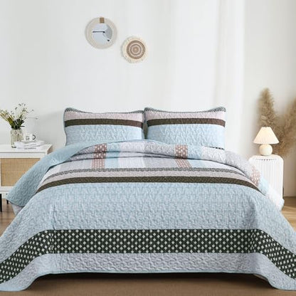 WONGS BEDDING Boho Quilt King Size, Patchwork Bedding Set, Blue Brown