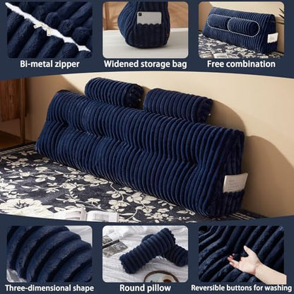 Rycwola Faux Fur Headboard Pillow with 2 Pack Neck Roll Pillow Large Headboard Pillow Soft and Supportive with Removable Cover (Blue, King)