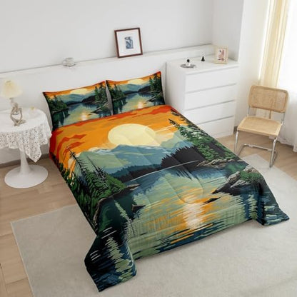 Happy Camping Comforter Set Twin Size,Lake House Adventure Theme Duvet Insert 2Pcs,Mountain River Vintage Bedding Set for Kids Teens Adults Room Decor,Sunset Natural Scenery Quilt Set,1 Pillowcase