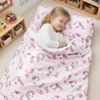 PHF Toddler Nap Mat with Removable Pillow and Minky Blanket, Rollup Design Kids Sleeping Mat, Slumber Bags for Girls, 55"x23" Toddler Sleeping Bag for Daycare Preschool Travel Camping, Unicorn