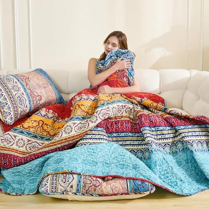 WONGS BEDDING Blue Quilt Queen Size, Boho Stripe Bedding Set