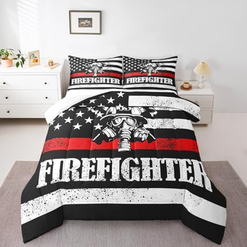 Manfei Firefighter Comforter Set King Size, American Flag Quilt Set with 2 Pillowcases, Firefighting Theme Bedding Set 3pcs for Kids Boys Teens Bedroom Decor Black White Red Duvet Insert