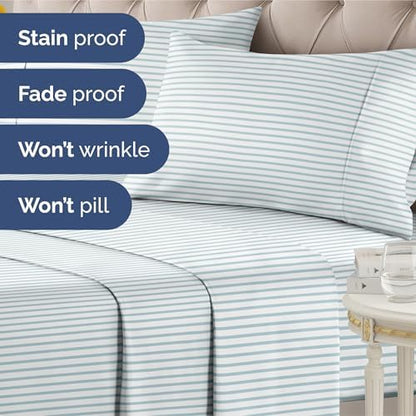 Queen 4 Piece Striped Sheet Set - Soft, Breathable & Cooling - Ocean Stripe