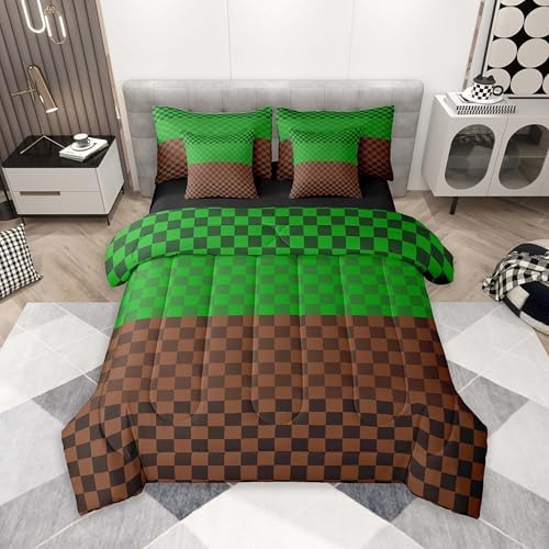 jejeloiu Green Brown Plaid Comforter Set with Sheets 7 Piece Twin Size