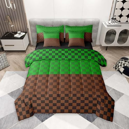 jejeloiu Green Brown Plaid Comforter Set with Sheets 7 Piece Twin Size