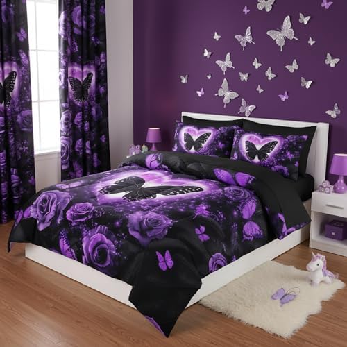 QOOMO Purple Butterfly 7 Pieces Comforter Set King Size,Rose Bedding Set
