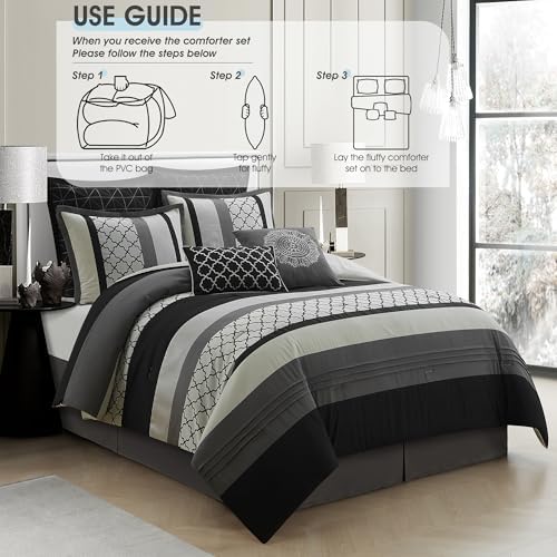 LANCO MODERN LIFESTYLE King Comforter Set, Black Gray Bedding Set, Jacquard Woven with Embroidery, 8 Pieces Bed in a Bag, Bed Skirt, Shams and Decorative Pillows