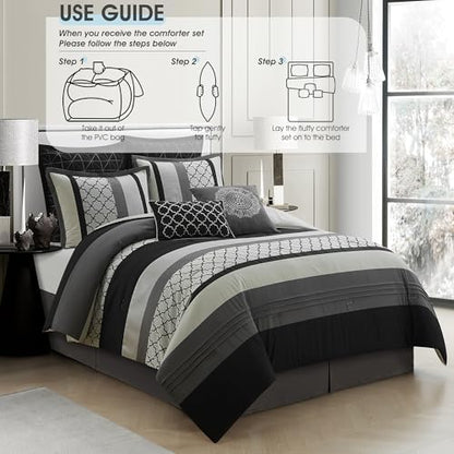 LANCO MODERN LIFESTYLE King Comforter Set, Black Gray Bedding Set, Jacquard Woven with Embroidery, 8 Pieces Bed in a Bag, Bed Skirt, Shams and Decorative Pillows