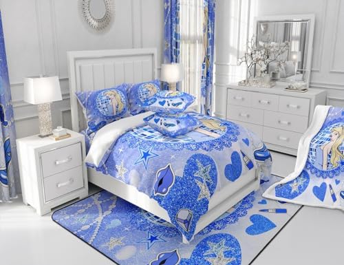 Princess Girly Kids Comforter Set Queen Size,Bowknot High-heeled Shoes Lip Dreamy Bedding Set,Girls Women Room Decor,Glitter Sequin Star Diamond Down Comforter,Blue Noble Duvet Insert,2 Pillowcases
