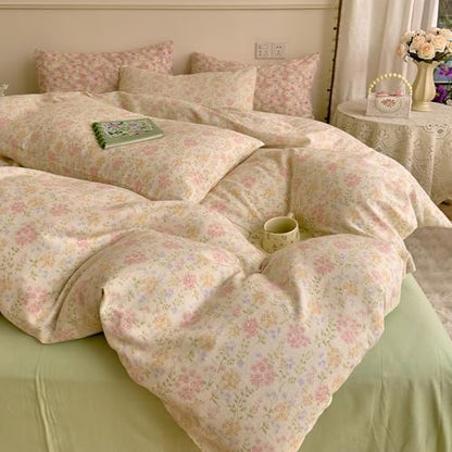 VM VOUGEMARKET Flower Duvet Cover Twin Sage Green Teen Girls Cotton Duvet Cover with Zipper Ties Chic Rust Floral Bedding Set Without Comforter -Green,Twin