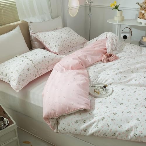 mixinni Small Floral Print Duvet Cover Full Flower Duvet Cover Set Soft Cotton Pink Reversible White Bedding Comforter Cover Zipper Closure 4 Corner Ties for Girls-Full Size