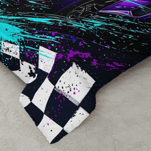 AILONEN Twin Comforter Set 3 Piece, Purple Teal Sports Car 3D Printed Bedding with 2 Pillowcases, Soft Lightweight Microfiber Checkered Speed Decor for Compact Bedroom