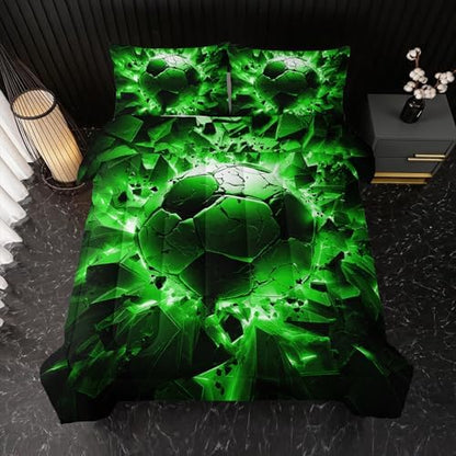 Nttopship Soccer Bedding Comforter Set Twin Size for Kids Teens and Adults, Black and Green Football Printed Bedding Sets 3 PCS,Ball Sports Themed Bedroom Decor with 1 Comforter and 2 Pillowcases