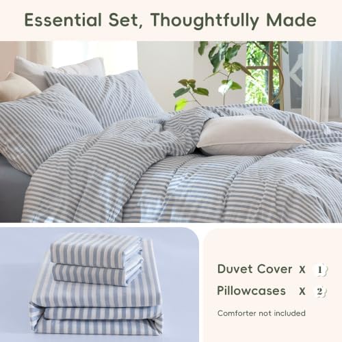 JIYUAN Twin Washed Cotton Duvet Cover Set, 2-Piece, Linen-Like Stripe