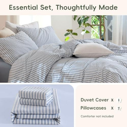 JIYUAN King Washed Cotton Duvet Cover Set, 3-Piece, Linen-Like Stripe