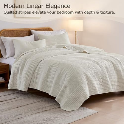 palassio Striped Beige 100% Cotton Quilt Queen Size Bedding Sets, Lightweight Crinkly Channel Pick Stitch Textured Bedspread Soft Shabby Chic Farmhouse Country Coverlet for All Season, 2 Shams