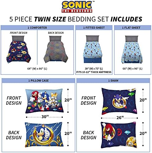 Franco Kids Bedding Super Soft Comforter and Sheet Set with Sham, 5 Piece Twin Size, Sonic The Hedgehog, Anime