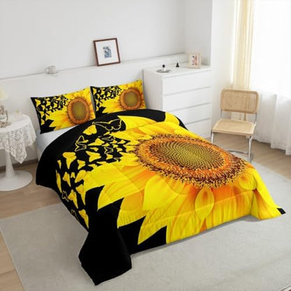 jejeloiu Sunflower Butterfly Comforter Set Twin Size Kids Floral Bedding Set for Boys Girls Teens Yellow Flowers Duvet Breathable Botanical Spring Quilt Bedroom Decor,1 Comforter with 1 Pillowcase