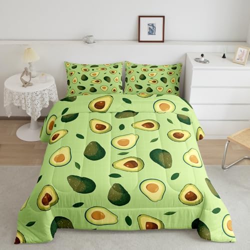 Manfei Fruits Theme Comforter Set Full Size, Green Avocado Bedding Set 3pcs for Kids Boys Girls Room Decor, Plaid Grid Print Quilt Set with 2 Pillowcases