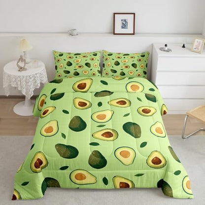 Manfei Fruits Theme Comforter Set Full Size, Green Avocado Bedding Set 3pcs for Kids Boys Girls Room Decor, Plaid Grid Print Quilt Set with 2 Pillowcases
