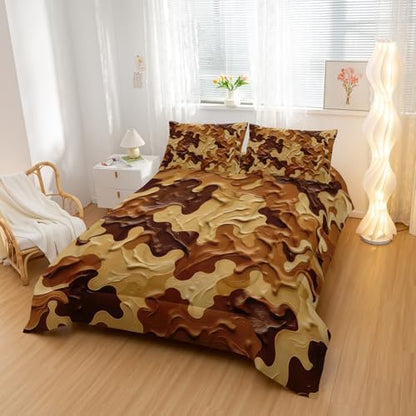 Nttopship Camouflage Bedding Set,Brown Camouflage Pattern Style Full Comforter Set for Adult Teens Camo Bed in A Bag 3 Pieces,Camo Pattern Room Decor with Comforter and 2 Pillow Case