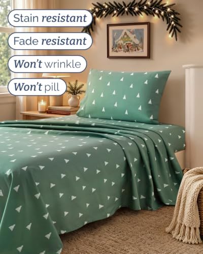 Christmas Sheet Set, Sage Pine Trees, Holiday Xmas Bedding Set - Twin XL