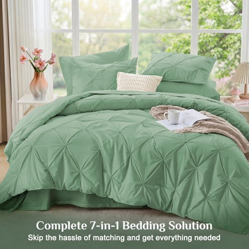 JOLLYVOGUE Queen Comforter Set 7 Pieces - Bed in a Bag Queen for All Season, Pintuck Bedding Comforter Sets with Comforter, Flat Sheet, Fitted Sheet and Pillowcases & Shams, Sage Green