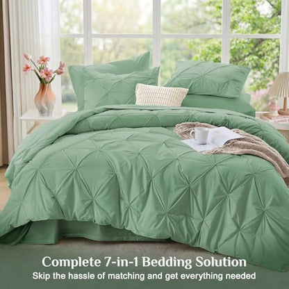 JOLLYVOGUE Queen Comforter Set 7 Pieces - Bed in a Bag Queen for All Season, Pintuck Bedding Comforter Sets with Comforter, Flat Sheet, Fitted Sheet and Pillowcases & Shams, Sage Green