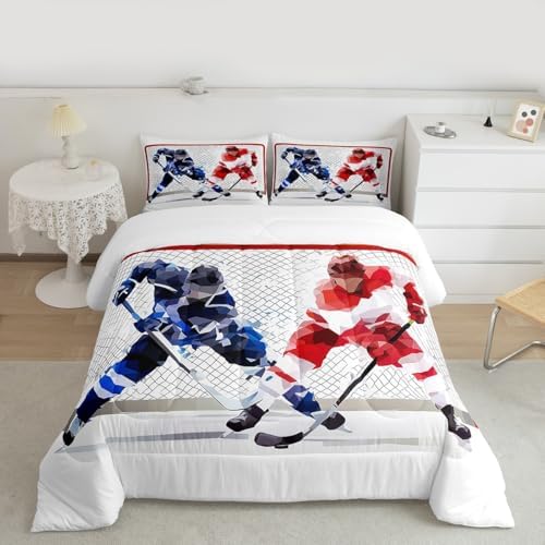 Erosebridal Hockey Bedding Comforter Sets 3pcs for Kids Boys Teens Ice Hockey Sports Bedding Comforters & Sets Full 3D Hockey Ball Decor Duvet Breathable Quilt with 2 Pillowcase White Bedroom Decor