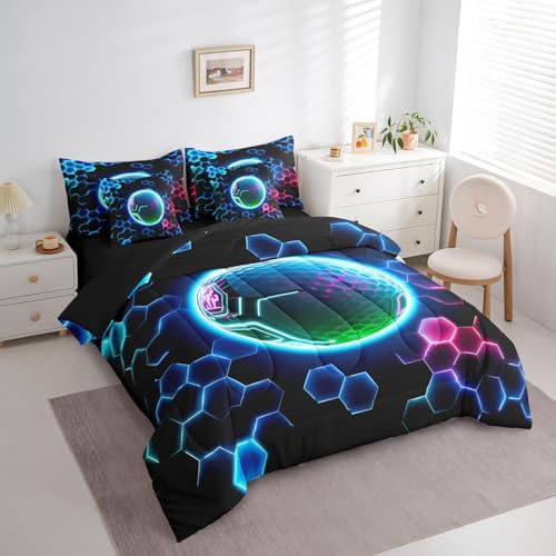 Erosebridal 3D Golf Full Bedding Set - Sports Decor Bed in A Bag,Neon Geometric Honeycomb Comforter Sets with Sheets, Cool Gamer Style 7 Pieces Bed Set Bedroom Decor