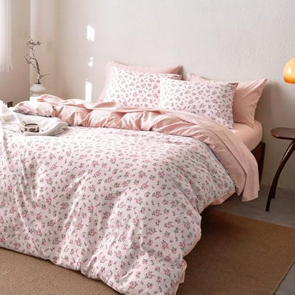 Wake In Cloud - Floral Comforter Set with Sheets, Coquette Cottagecore Aesthetic Flower Shabby Chic Pattern for Women Teen Girls, 7 Pieces Bed in a Bag, Pink, Full Size