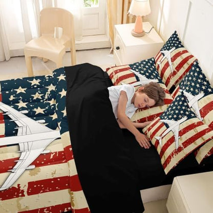 Erosebridal 7 Pcs American Flag Airplane Bedding Set King Military Airplane Comforter Set with Sheets for Boys Kids Teens Men Vintage Patriotic Bed in A Bag Fighter Plane Bed Sets for Aviation Lovers