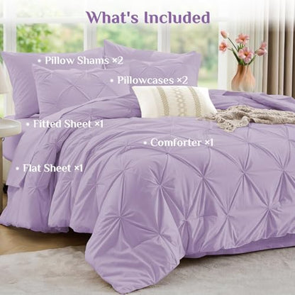 JOLLYVOGUE King Size Comforter Set 7 Pieces - Bed in a Bag King for All Season, Pintuck Bedding Comforter Sets with Comforter, Flat Sheet, Fitted Sheet and Pillowcases & Shams, Light Purple