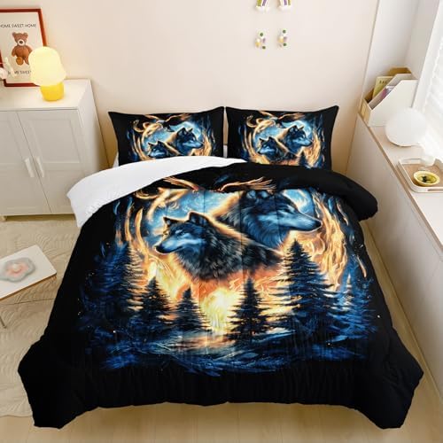 Moon Wolf Comforter Set Full for Teen Boys Girls,Howling Wolves Comforter Forest Eagle Bed Set,Wild Animals Bedding Set for Kids Bedroom Decor,All Seasons