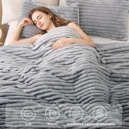 BEDELITE Fleece Queen Comforter Set, Fluffy Bed Set, Grey Ombre