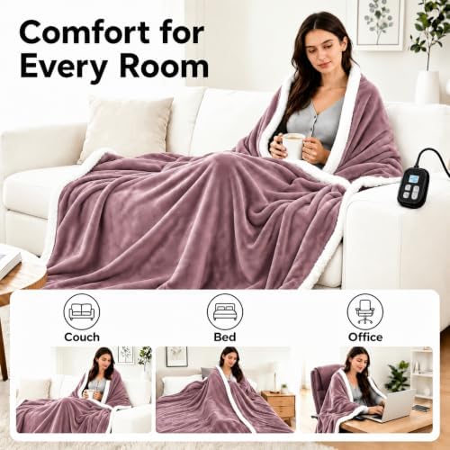 Electric Heated Blanket Twin Size 62" x 84", Soft Flannel Heating Blanket for Bed, Sofa, Bedroom, 10 Heat Settings, 1-12H Auto Shut Off, Overheat Protection, Machine Washable, Purple