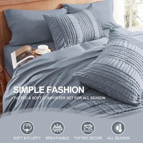 DHSFKBE Blue Tufted Comforter Set Queen Size 7 Piece Bed in a Bag，Shabby Chic Boho Bedding for Bedroom Comforter，All Season Soft Microfiber Ruffle Comforter Set with Pillow and Sheets