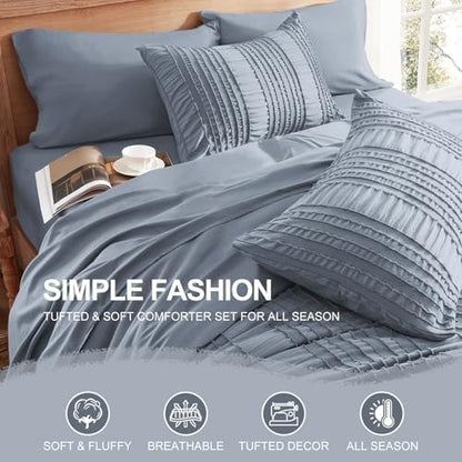 DHSFKBE Blue Tufted Comforter Set Queen Size 7 Piece Bed in a Bag，Shabby Chic Boho Bedding for Bedroom Comforter，All Season Soft Microfiber Ruffle Comforter Set with Pillow and Sheets