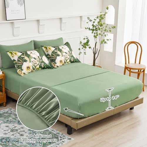 Luxudecor Floral Comforter Set Queen Size 7 Piece, Olive Green Flower Bed in a Bag, Elegant Comforter Bedding Set for All Season (Olive Green, 90"x90")
