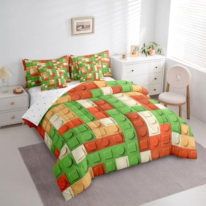 Feelyou Building Block Print 7 Piece Bedding Set King Size Kids Brick Styles Comforter Set with Sheets for Boys Teens Colorful Gaming Bed in a Bag Green Red Yellow Room Decor