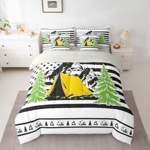 Erosebridal Happy Camping 7-Piece Bedding Set Full Size Rv Camper Boys Bed in A Bag Pine Tree Camping Car Comforter Set with Sheets for Kids Teens Men Bedroom Rustic Farmhouse Bed Sets, Black White