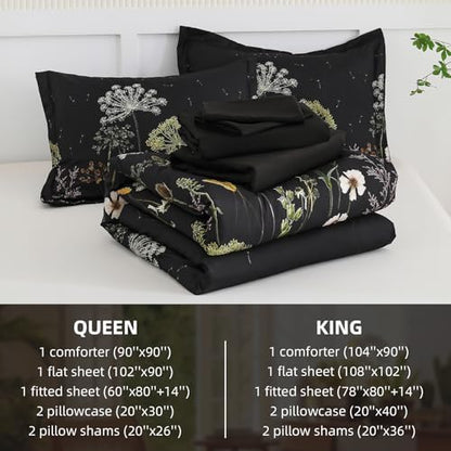 Yiran Floral Full Size Comforter Set, Black Dandelion Plant Botanical Comforter Bedding Set, 7 Piece Summer Bed in a Bag, Soft Microfiber Complete Bedding Set with Sheets for All Season