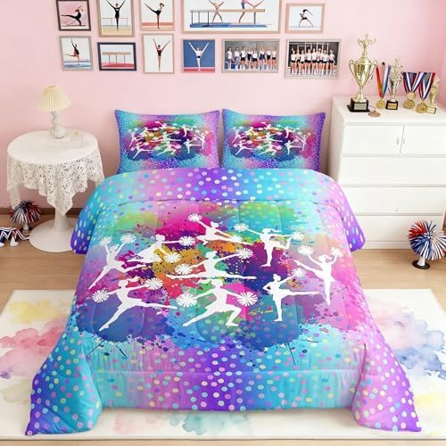 Cheerleading Girls Comforter Set King Size,Gymnastics Dancing Lovers Bedding Set for Kids Teens Woman Room Decor,Rainbow Watercolor Graffiti Dots Bedspread Modern Fashion Down Comforter 3pcs