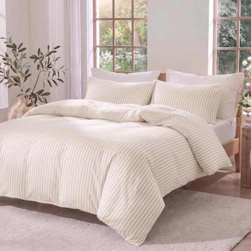 Bedbay 100% Cotton Striped Duvet Cover Set Queen Size, Beige Stripe Bedding, 300TC Cotton Sateen Duvet Cover, Soft Smooth Breathable Farmhouse Sateen Set, 3 Pieces