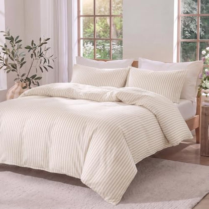 Bedbay 100% Cotton Striped Duvet Cover Set Queen Size, Beige Stripe Bedding, 300TC Cotton Sateen Duvet Cover, Soft Smooth Breathable Farmhouse Sateen Set, 3 Pieces