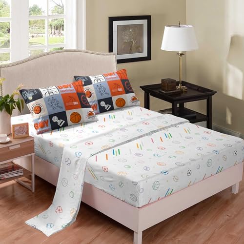 6pcs Basketball Comforter Set for Boys,Twin Size Bedding Sets for Teen,Kids Comforter Set with 1 Quilt+1 Flat Sheet+1 Fitted Sheet+2 Pillowcases+1 Cushion Cover(Basketball-E Twin)