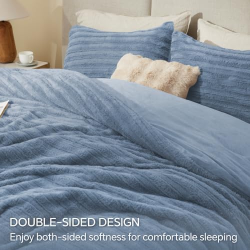 BEDELITE Faux Fur Queen Comforter Set, Fluffy Bed Set, Blue Fog